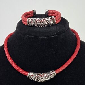 ESPO SIG 925 Sterling Silver Red Braided Leather Necklace Bracelet Set Choker